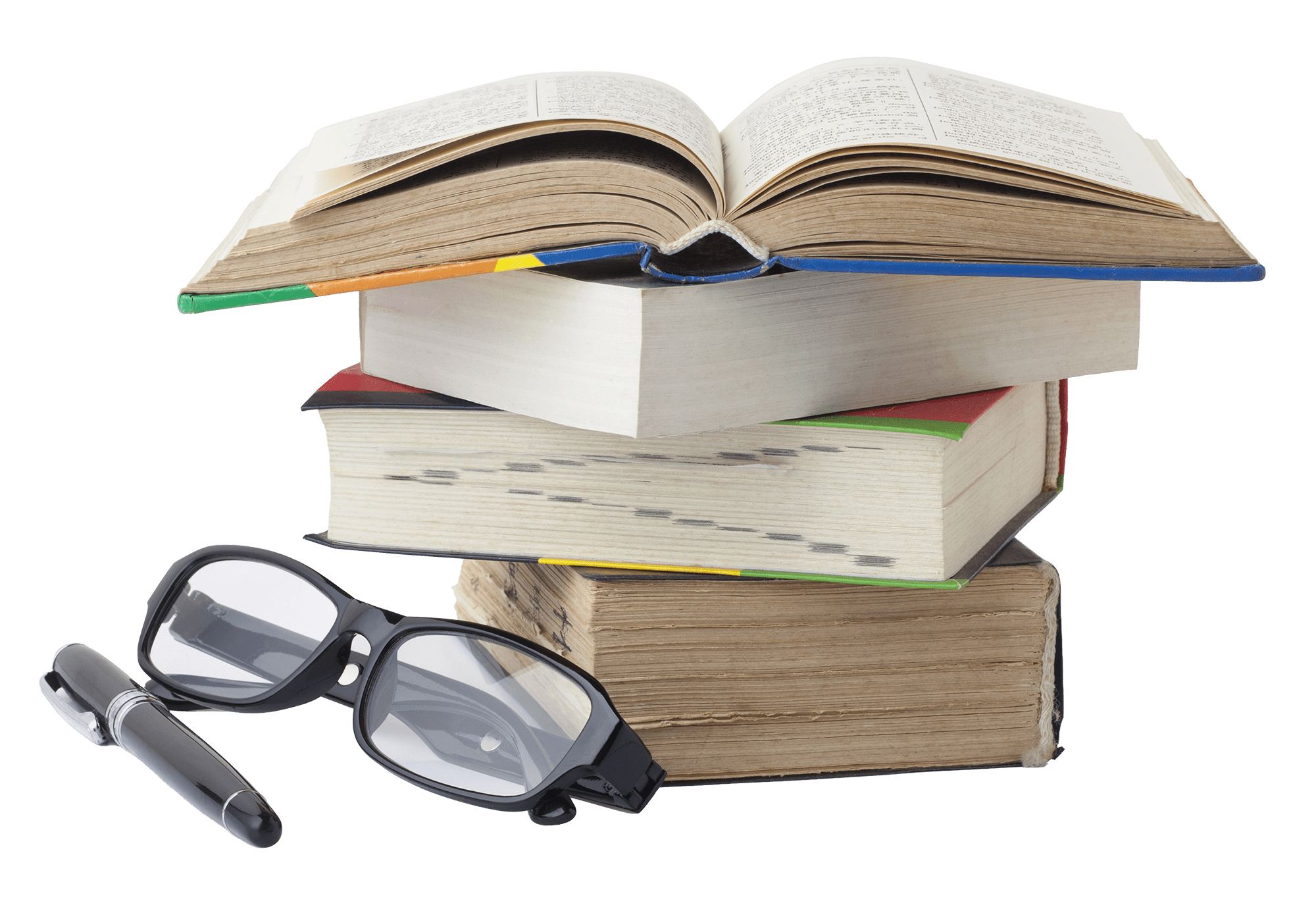 Stack of books with an open book at the top, accompanied by black reading glasses and a pen. Represents study or reading materials.